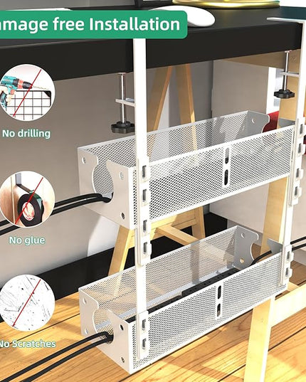 Multi-Model Under Desk Cable Management Tray 2 Packs Metal Under Desk Wire Management Clamp Mount Under Table Cord Management No Damage The Desk (White)