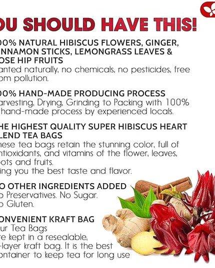 FreshDrinkUS, 60 Tea Bags Super Hibiscus Heart Blend– Herbal Tea with Hibiscus Flower, Ginger, Cinnamon Stick, Lemongrass & Rose Hip – Naturally Caffeine-Free, Sugar-Free, Vegan