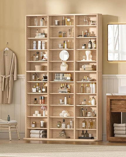 LELELINKY 11 Tier Tall Display Cabinet, Natural Media Storage Cabinet with Adjustable Shelves, Free Standing DVD Organizer Shelf, Multimedia Storage Manga Bookshelf for Living Room & Home Office.