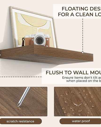 RICHFOCUS 16Inch Floating Shelves for Wall 2 Pack Shelves for Bedroom|Kitchen|Bathroom Wall Mounted Rustic Wood Floating Shelf with Invisible Brackets for Books|Storage|Decor, Walnut
