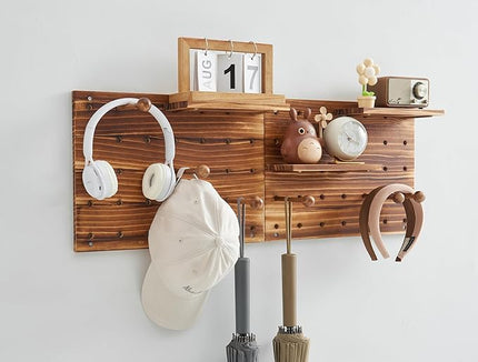 Wood Pegboard Combination Wall Organizer Kit, Wooden Display Pegboard Panel Kits for Bedroom, Study, Office, Bathroom, 2 Pieces Pegboards and 15 Accessories (Walnut)