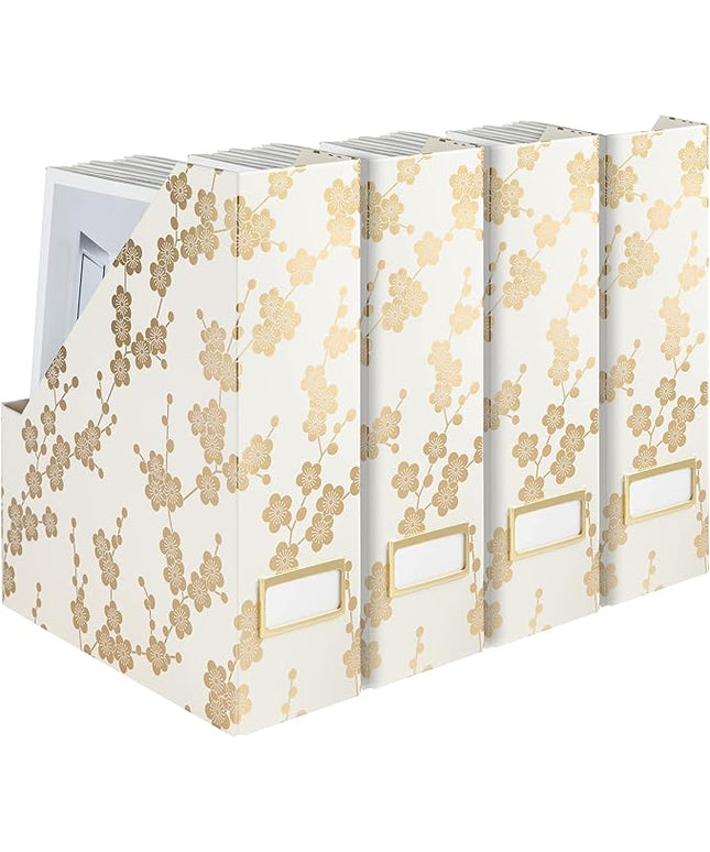 BLU MONACO | Set of 4 Foldable Magazine Storage Boxes with Gold Floral Pattern | Decorative Vertical File Organizers with Gold Label Holders for Desk, Shelves & Home Office