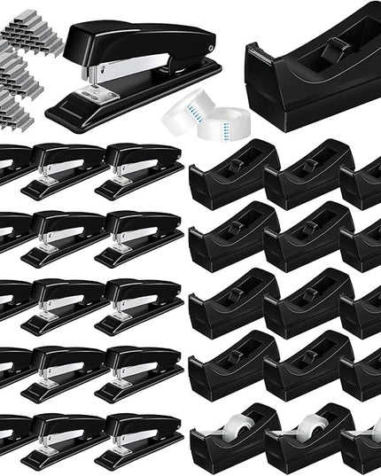 Thenshop 30 Pcs Desk Staplers Tape Dispensers Sets Black Staplers for Desktop Office with Standard Staples Black Holder with White Tape for Office School