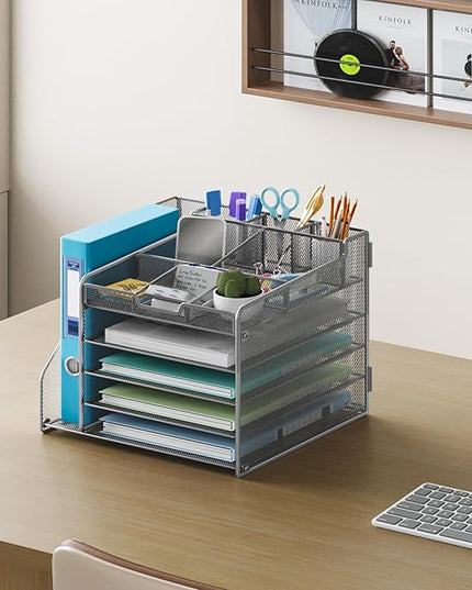 Lavatino 5-Tier Metal Mesh Desk Organizer with File Holder & 7 Customizable Compartments | Paper Letter Tray for Office or Home Desk Storage | Keep Workspace Supplies Neat & Organized, Silver
