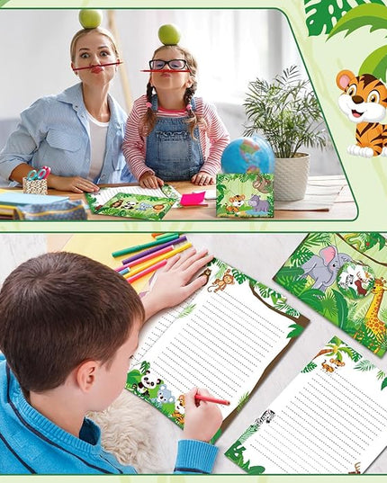 TaoBary 160 Pcs Stationery Paper Set 50 Double Sided Stationery Papers with 50 Matching Envelopes and 60 Round Dot Sticker, 10 Design(Safari Animal,5.5 x 8.25 Inch)