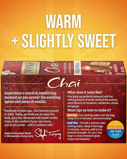 Twinings French Vanilla Chai Black Tea Individually Wrapped Bags, 20 Count (Pack of 2), Warm, Sweet & Spicy, Caffeinated, Enjoy Hot or Iced, 20 Teabags