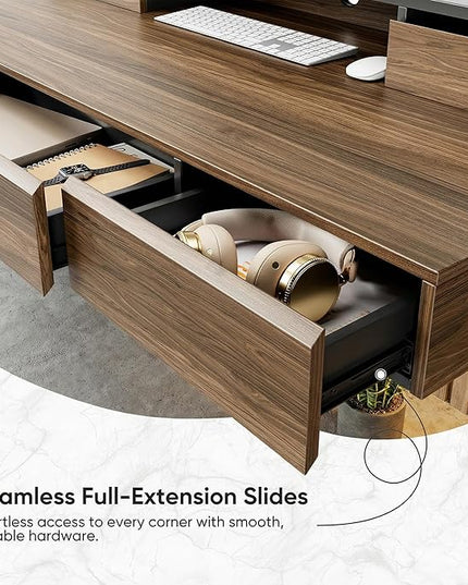 ErGear Electric Standing Desk with 5 Solid Wood Drawers, 48 x 26 Inches Whole Piece Desktop, with Desktop Riser Stand, Compatible with C-Clamp Monitor Arms, Modern Office Desk, Dark Walnut