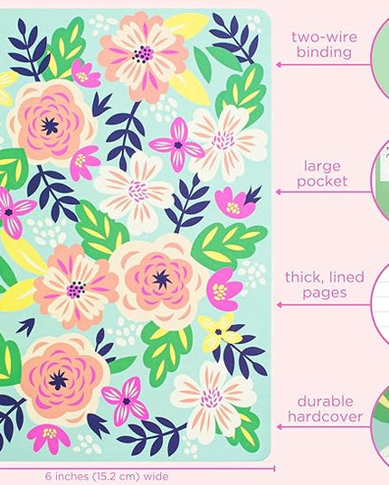 Steel Mill & Co Cute Green Mini Spiral Notebook, 8.25" x 6.25" Journal with Durable Hardcover and 160 Lined Pages, Mint Floral
