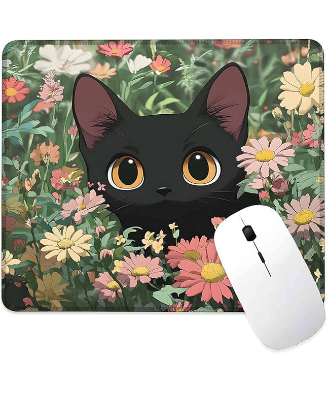 Black Cat Among Flowers Mouse Pad Square Mouse Mat Non-Slip Rubber Base Mousepad with Stitched Edge, Portable MousePads for Desk Computers Laptop Office, 9.5x8 Inches