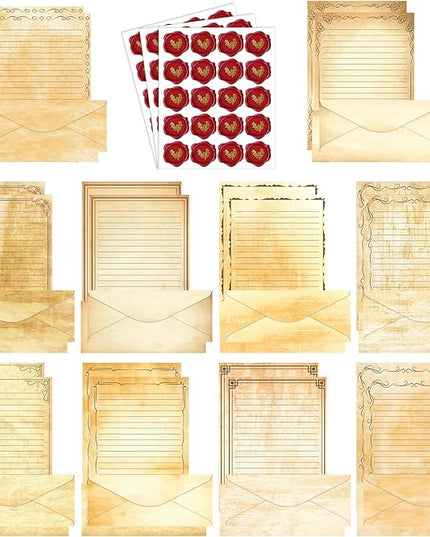 TaoBary 160 Pcs Stationery Paper Set 50 Double Sided Stationery Papers with 50 Matching Envelopes and 60 Round Dot Sticker, 10 Design(Light Vintage,8.5 x 11 Inch)