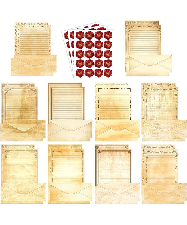 TaoBary 160 Pcs Stationery Paper Set 50 Double Sided Stationery Papers with 50 Matching Envelopes and 60 Round Dot Sticker, 10 Design(Light Vintage,8.5 x 11 Inch)