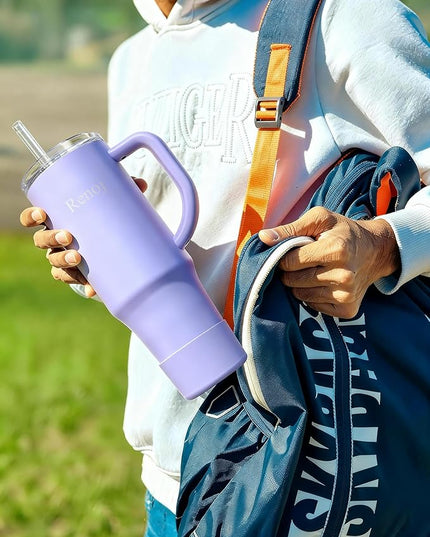Renoj Tumbler with Handle 100% Spill Resistant Insulated Water Bottle for Iced Coffee & Hot Drinks - Fits Car Cup Holder, Ideal Gift, 2 Straws & Silicone Boot BPA-Free - FlexSlide Blue 32 oz