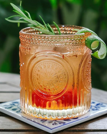 Ribbed Retro Arch Floral Rose Gold Drinking Glasses Set of 6, (10 oz) Vintage Glassware Set by Kate Aspen| Cocktail Glass Set, Juice Glass, Water Cups | Great Hostess Gift & Gift for New Home Owners