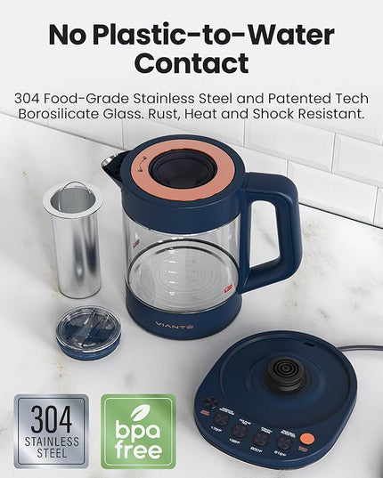 Vianté Electric Kettle With Infuser For Loose Leaf Tea. Hot Tea Maker With Temperature Control And Automatic Shut Off. Kettle With Brewing Programs. 1.5 Liters Capacity | Midnight Blue Color