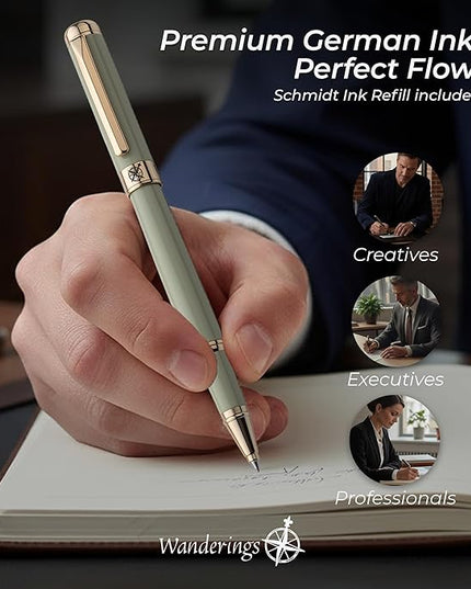 Premium Ballpoint Pen with German Ink – Perfectly Balanced for a Superb Writing Experience, 24K Gold Plated Green – Soft Sage Green- Includes a Schmidt Refill in a Giftable Presentation Case