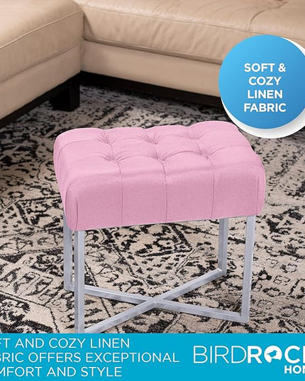 BIRDROCK HOME Rectangular Tufted Foot Stool Ottoman with Soft Padded Cushion - Versatile Vanity Chair for Bedroom, Living Room, Bathroom - Compact Seating for Adults - Pink with Silver Metal Legs
