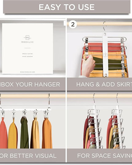 MORALVE Skirt Hangers Space Saving with Clips - 2 Pack - European Beechwood 5-Tier Hanger for Shorts, Skirts, and Pants - Closet Organizer and Storage Solution for Women with 360° Swivel Hook