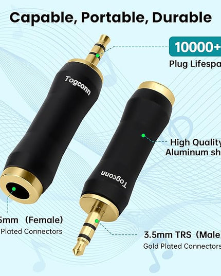 Togconn 1/8 Inch to 1/4 Inch Adapter 2 Pack, 3.5mm TRS Stereo Male to 6.35mm Quarter Inch Female Jack Plug Gold-Plated Pure Copper Audio Converter Connector Premium Quality Series
