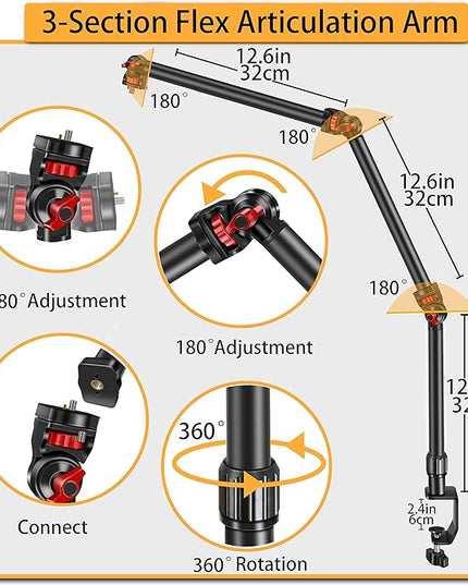 Overhead Camera Mount Desk Stand, 3-Section Flexible Detachable Articulating Arm with 1/4“ 3/8" 5/8" Screw&360° Ball Head, C-clamp Tabletop Mount for DSLR Camera/Webcam/Microphone/Lights