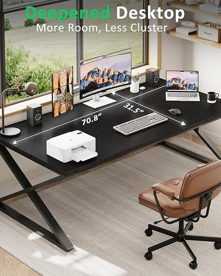 IBF Large Black Computer Desk, 70.8” Long Writing Desk for Home Office, Modern Simple Executive Work Study Desk for Two Person, Wood Double PC Gaming Workstation Computer Table for Bedroom, Black Oak
