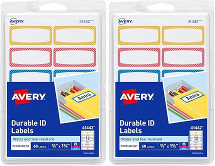 Avery Durable Labels for Kids' Gear,3/4" x 1-3/4",Assorted Border Colors,Water-Resistant Labels,60 Total (41442),(Pack of 2)