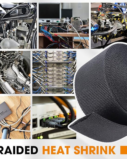 SUNNAREPOON Black 2:1 Ratio Automotive Heat Shrink Braided Sleeving,Wear-Resistant Flat Woven Shrinkable Sleeve Fabric Car Cable Wires Hoses Protection (1-1/8"-66ft)
