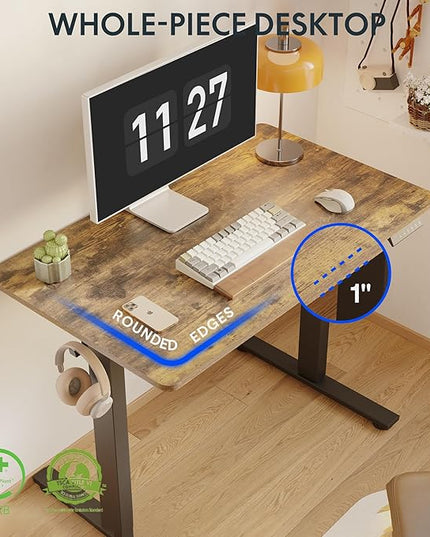 FLEXISPOT One-Piece Electric Standing Desk, 48 x 30 Inches Adjustable Desk with Seamless Desktop, Memory Controller Height Adjustment (Black Frame + Rustic Brown Desktop, 2 Packages)