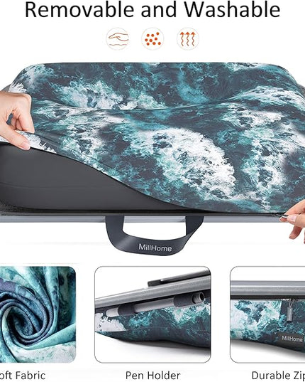 Millhome Lap Desk | Portable Laptop Desk – Fits Up to 17.3" Laptops –Detachable & Washable, Phone Holder, Device Ledge – for Writing, Working, Reading on Bed, Couch, Sofa, Floor – Blue Waves