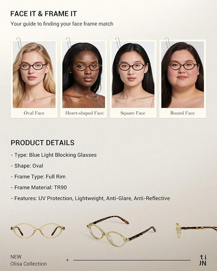 TIJN Olisa Blue Light Blocking Glasses for Women Men,Oval Glasses Frame Bluelight Glasses for Gaming/Computer/Screen