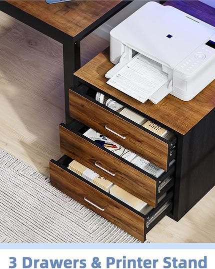 Computer Desk with Storage Drawers, 67 Inch Wooden Office Desk with Long Monitor Stand&Printer Shelf, Reversible Long Desk with LED Lights for Bedroom, Escritorios para Computadoras, Black and Walnut