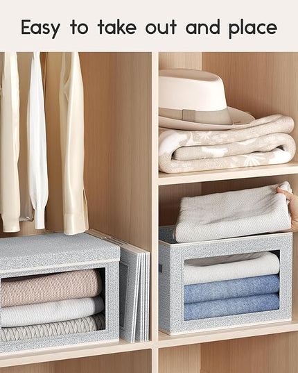 Collapsible Storage Bins with Lids - Stackable Storage Containers with Window, 3 Pack Fabric Bins for Closet, Home & Office Organization Baskets, Light Gray, 14.9" x 9.8" x 9.8"