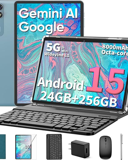 2026 10 Inch Tablet, Android 15 Tablet with Keyboard, 24GB+256GB+2TB Expand, 2-in-1 Tablets with 8-Core, 5G WiFi, 8000mAh, BT5.0, GMS, GPS, Gemini AI, Tablets PC with Mouse, Case, Stylus (Green)