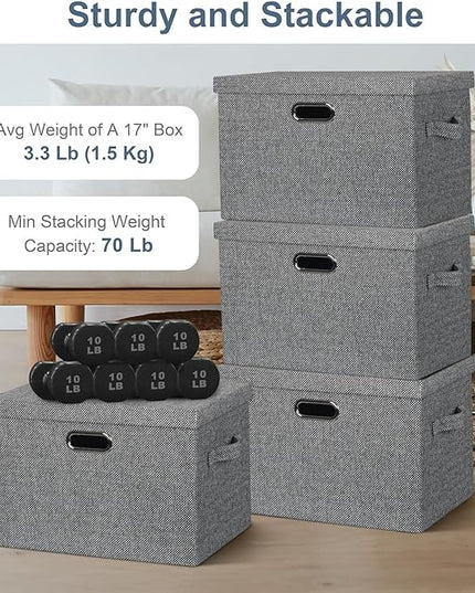 Large 17" 36 Quart Collapsible Stackable Storage Bins with Lids, 3 Packs Black and White Mix Linen Fabric Closet Boxes with Lids, Storage Cube Baskets Container Organizers (17x12x11)