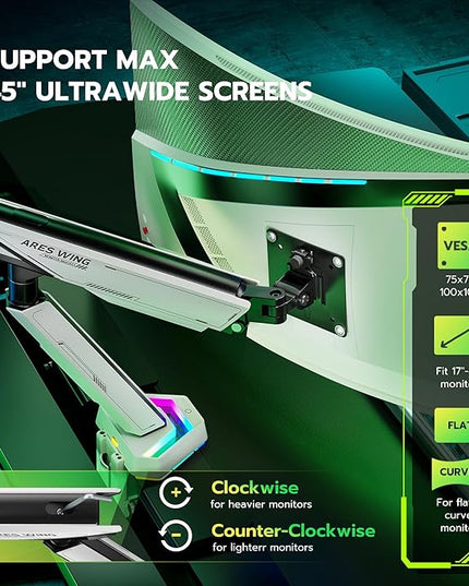 ARES WING RGB Single Monitor Arm Desk Mount for 17-45 inches Flat and Curved Monitors, Holds 35.2 lbs Heavy Duty, Adjustable Ultrawide Monitor Arm with Clamp & Grommet Base, 75/100 VESA Mount, White