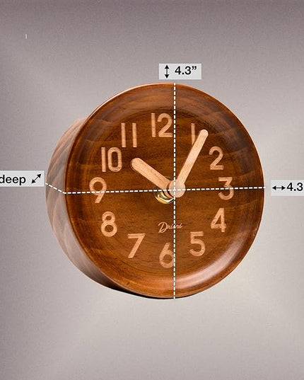 Driini Wooden Analog Desktop Clock – 4.3 in. Decorative Pinewood, No-Tick Design – Easy to Read Silent Sweep Mantle Clock – Quiet Tabletop Clocks with Wood Body, Hands, & Battery Cover; Dark