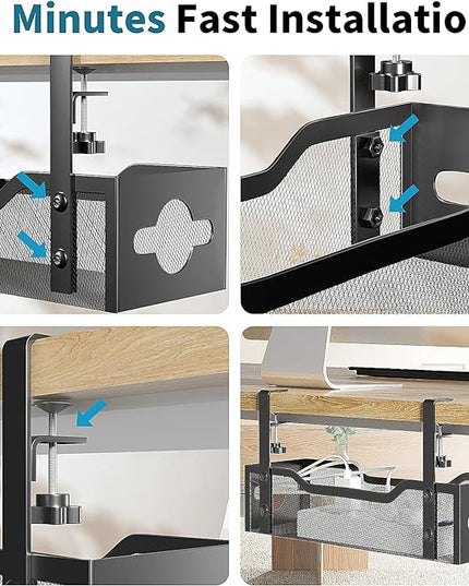 Litwaro Under Desk Cable Management Tray 2 Pack, No Drill, Organizer with Clamp Easy to Install for Standing Cord Organizer, Wire Damage Desk, Black, 13.38''-2 pack