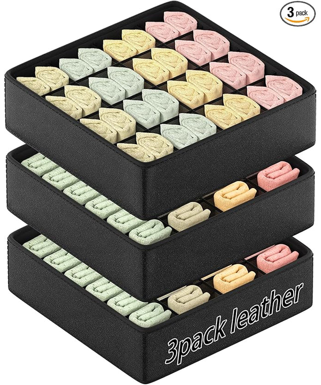 Fashion Leather Sock Underwear Drawer Organizer clothes, Closet Dividers，64 Cell (16+24+24) Foldable Leather Storage Box for Panties, Ties, Accessories（3 Pack）