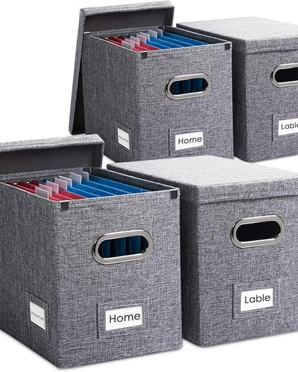 PRANDOM File Organizer Box - Set of 4 Collapsible Decorative Linen Filing Storage Hanging File Folders with Lids Office Cabinet Letter Size Grey (14x9.3x10.8 inch)