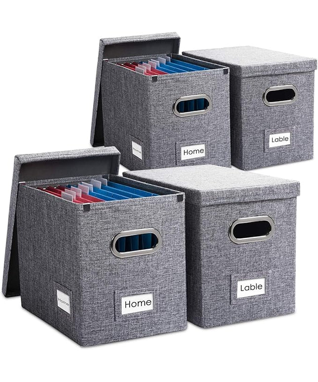 PRANDOM File Organizer Box - Set of 4 Collapsible Decorative Linen Filing Storage Hanging File Folders with Lids Office Cabinet Letter Size Grey (14x9.3x10.8 inch)