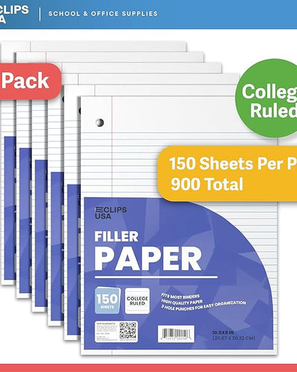 Loose Leaf Paper College Ruled Notebook Paper College Ruled Lined Writing Filler Paper 10.5” x 8” 900 Sheets 150 Sheets Per Pack 60 gsm (6 Pack)