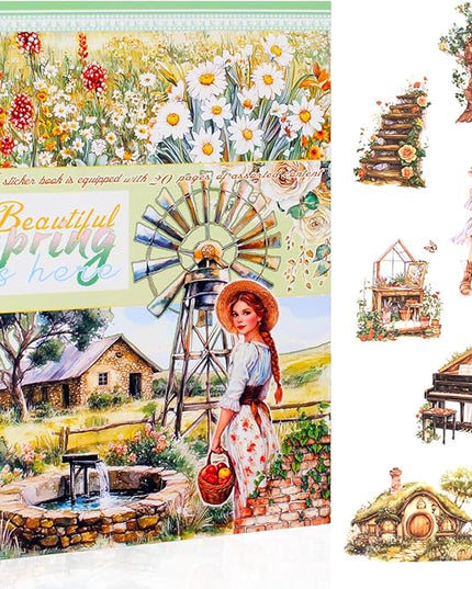 Dwpetzo Spring Cottage Scenery Scrapbook Stickers, 20 Sheets A5 Pre-Cut PET Washi Stickers Book for Journaling, Junk Journal Supplies, Bujo, Collage, Crafts Arts