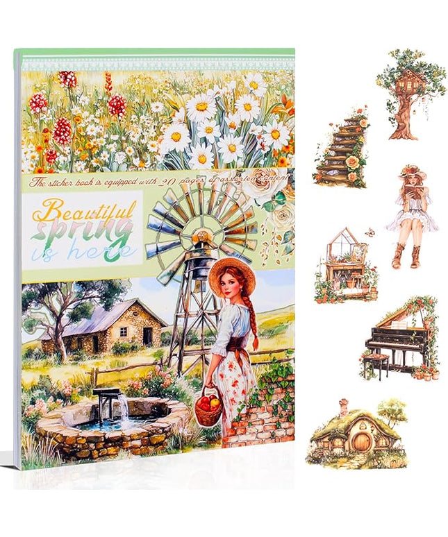 Dwpetzo Spring Cottage Scenery Scrapbook Stickers, 20 Sheets A5 Pre-Cut PET Washi Stickers Book for Journaling, Junk Journal Supplies, Bujo, Collage, Crafts Arts
