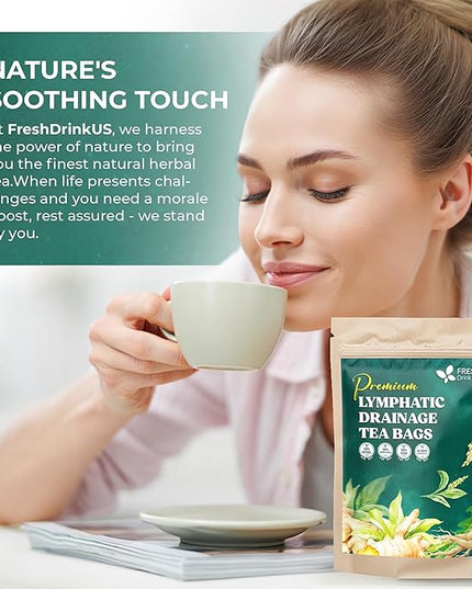 FreshDrinkUS, Lymphatic Drainage Tea | 30 Tea Bags | Herbal Tea Bags with Ginger, Dandelion Root, Burdock Root, Mullein, Calendula, Lemongrass, Rose, Licorice & Tulsi – Caffeine-Free Herbal Blend
