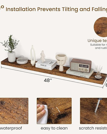 Dreamland 48Inch Floating Shelves for Wall, Rustic Wooden Storage Shelf for Living Room, Kitchen, Farmhouse, Wall Mounted Display Shelving with Invisible Heavy-Duty Metal Bracket, Set of 2 - Brown