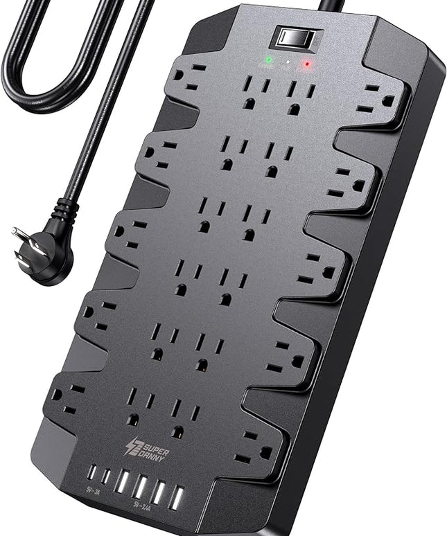 Power Strip, SUPERDANNY Surge Protector with 22 AC Outlets, 2 USB-C and 4 USB Ports, 1875W/15A, 2100J, 6.5Ft Extension Cord Surge Protector Power Strip with Wall Mount Holes for Home, Office, Dorm
