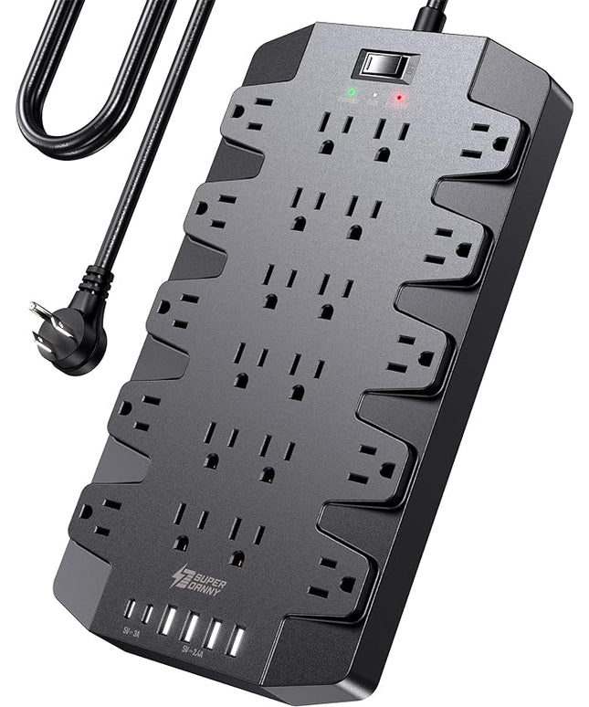 Power Strip, SUPERDANNY Surge Protector with 22 AC Outlets, 2 USB-C and 4 USB Ports, 1875W/15A, 2100J, 6.5Ft Extension Cord Surge Protector Power Strip with Wall Mount Holes for Home, Office, Dorm
