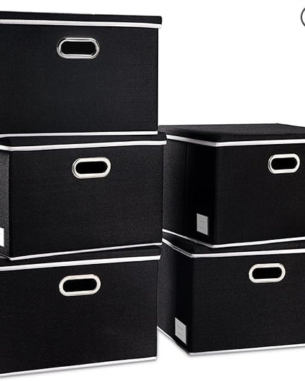 PRANDOM Foldable Storage Bin with Lid [5-Pack] Linen Fabric Decorative Storage Box Organizer Container Basket Cube with Handles Divider for Closet Office Living Room Black(14.9x9.8x9.8)