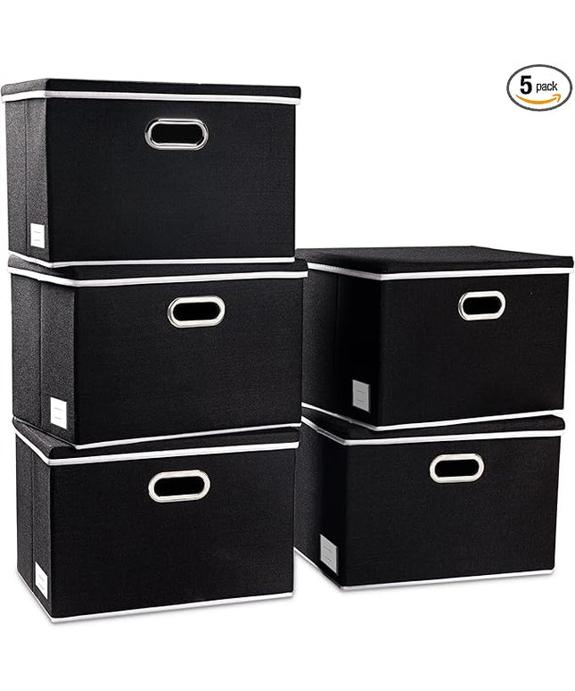 PRANDOM Large Foldable Storage Boxes with Lids [5-Pack] Organizer Containers Baskets Cube with Cover for Home Bedroom Closet Office Black17.7x11.8x11.8 For 6+ Year Old Boys and Girls