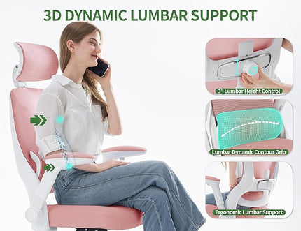 Office Chair Ergonomic Desk Chair, 4000 LBS Home Mesh Office Desk Chairs with Wheels, Computer Chair, Comfortable Gaming Chair with 3D Headrest, High Back Office Chair for Long Hours (Pink)