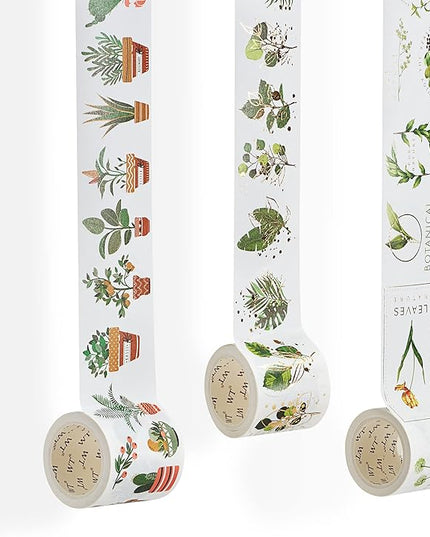 WT Green Oasis Washi Sticker Set, 3 Rolls, Original Designs, Pastel Decorative, Plants Sticker, Gold Foil, Bujo Planner Supplies, DIY Paper Stickers
